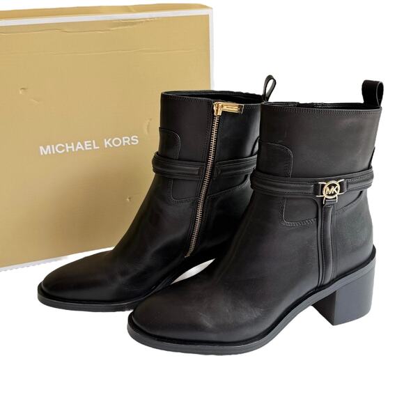 NEW Michael Kors Bombe Leather ANKLE BOOT Mindy Black Womens 10 Zip Shoe In Box - Picture 1 of 13